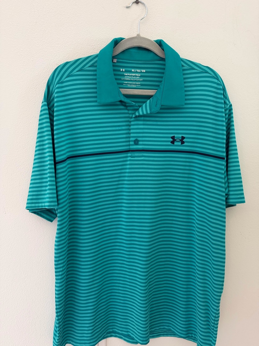 Under Armour Men’s Teal Striped Playoff Performance Polo with Contrast Logo XL